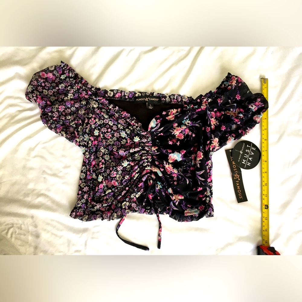 NWT Almost Famous multicolored on/off shoulder crop top.